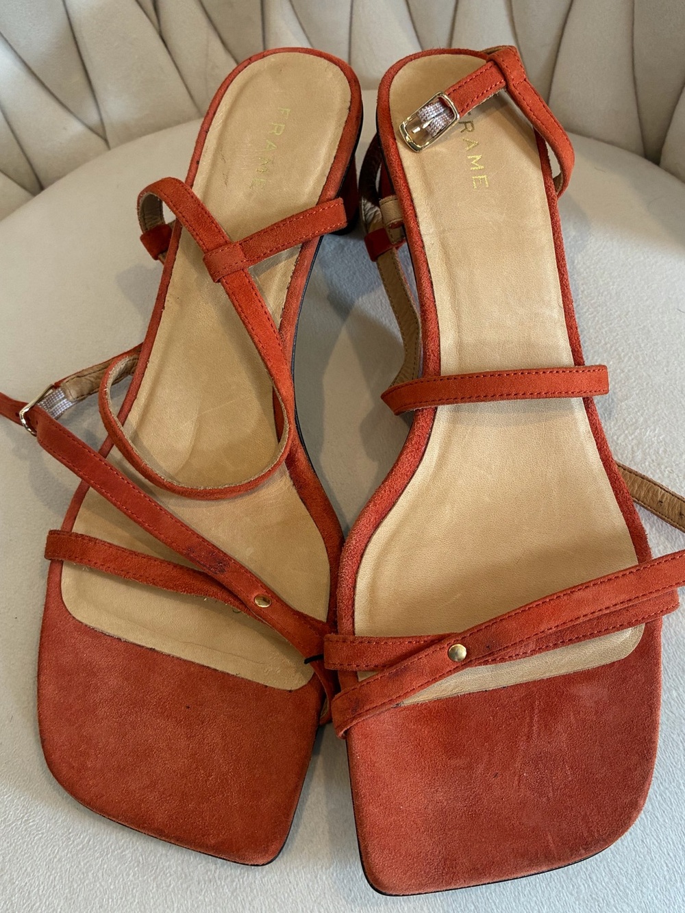 Frame Denim Burnt Orange Suede Strappy Square-Toe Sandals